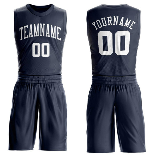 Custom Navy White Round Neck Basketball Uniform Jersey - Main View