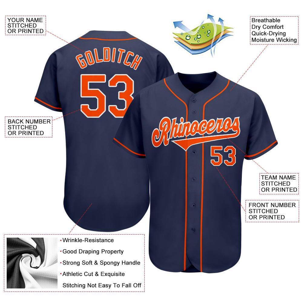 Custom Navy Orange-White Authentic Baseball Jersey view 3