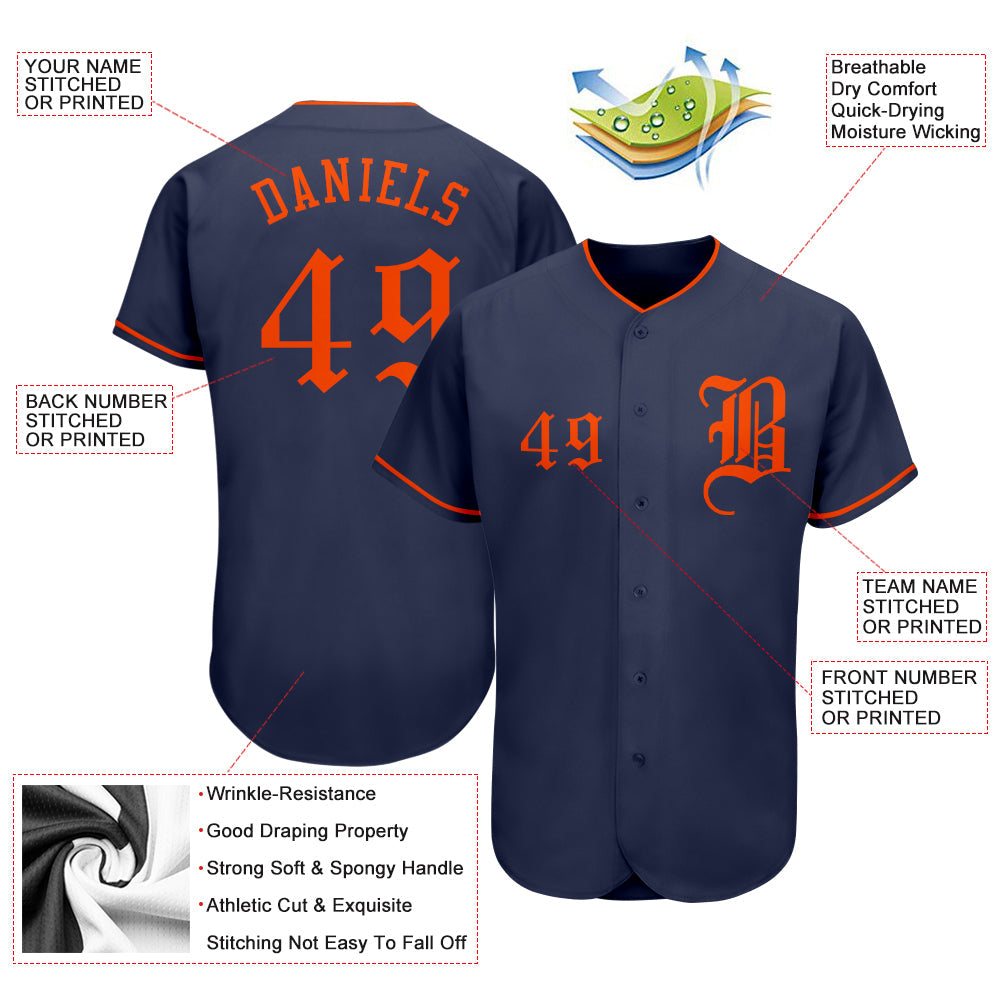 Custom Navy Orange Authentic Baseball Jersey view 3