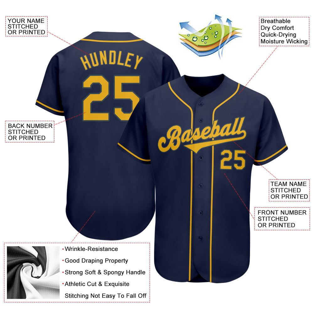 Custom Navy Gold Authentic Baseball Jersey view 4