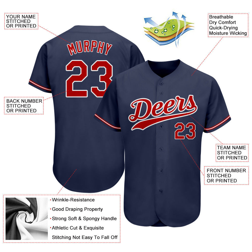 Custom Navy Red-White Authentic Baseball Jersey view 3