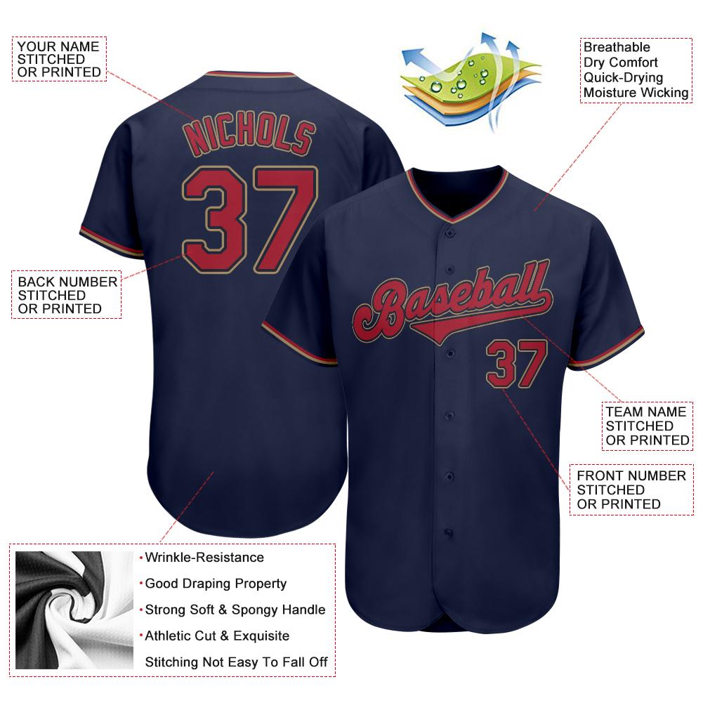 Custom Navy Red-Old Gold Authentic Baseball Jersey view 3