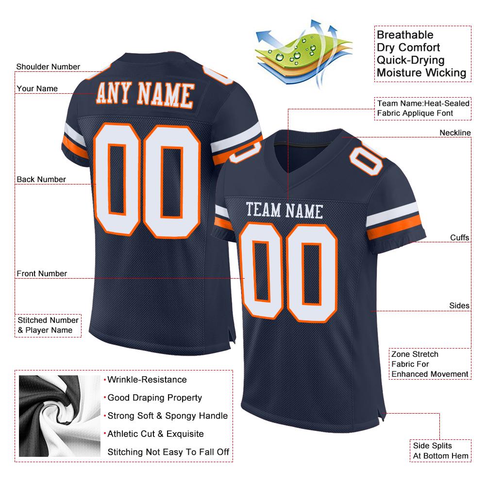 Custom Navy White-Orange Mesh Authentic Football Jersey view 5