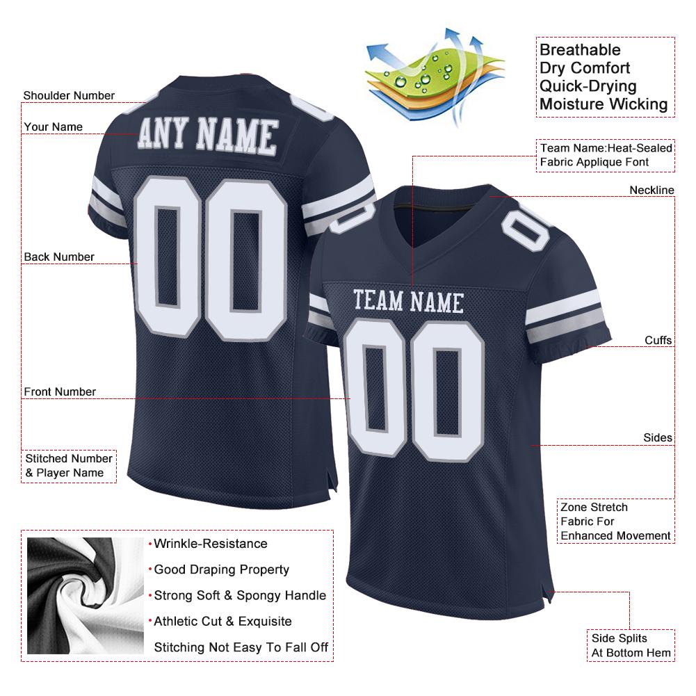 Custom Navy White-Light Gray Mesh Authentic Football Jersey view 4