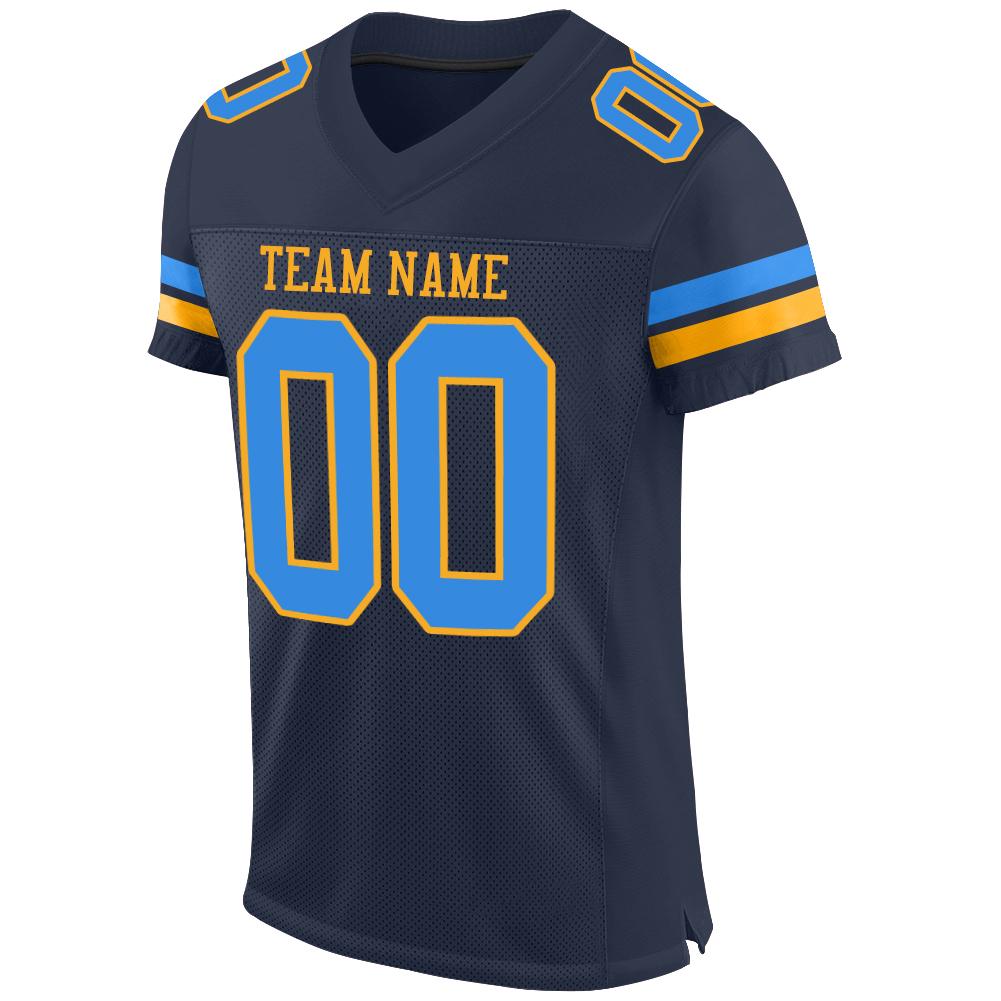 Custom Navy Powder Blue-Gold Mesh Authentic Football Jersey view 2