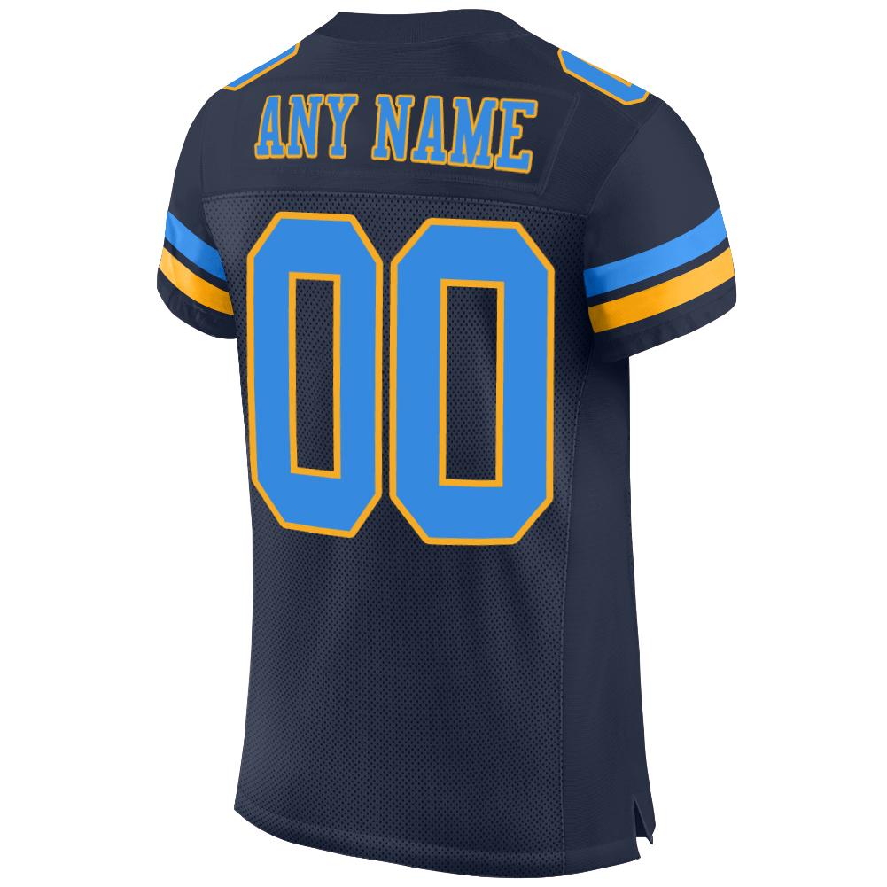 Custom Navy Powder Blue-Gold Mesh Authentic Football Jersey view 3