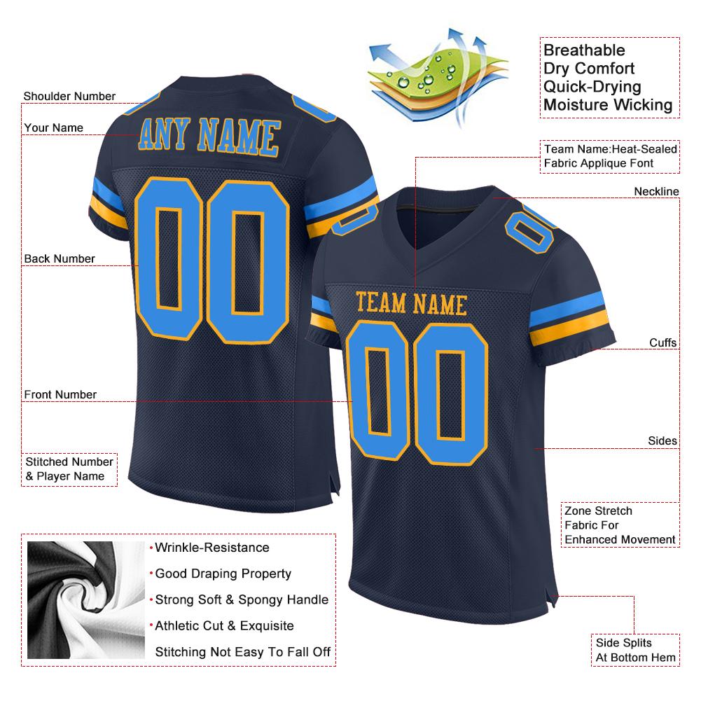 Custom Navy Powder Blue-Gold Mesh Authentic Football Jersey view 4