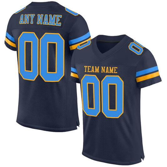 Custom Navy Powder Blue-Gold Mesh Authentic Football Jersey - Main View