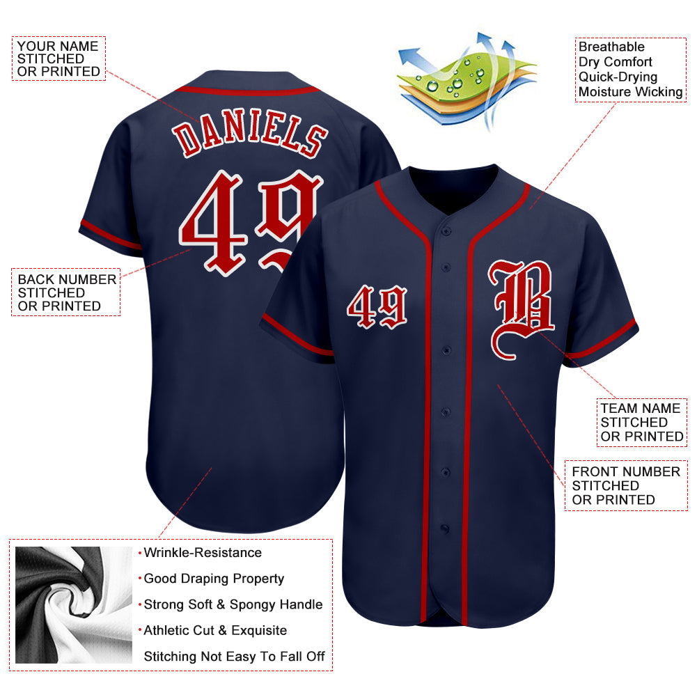 Custom Navy Red-White Authentic Baseball Jersey view 3