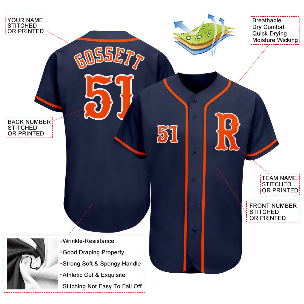 Custom Navy Orange-White Authentic Baseball Jersey view 3