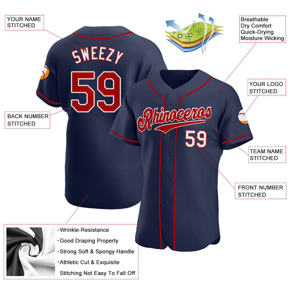 Custom Navy Red-White Authentic Baseball Jersey view 3