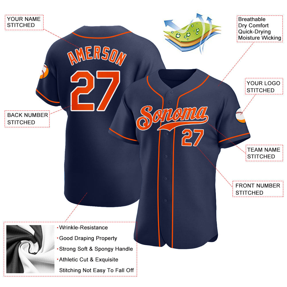 Custom Navy Orange-White Authentic Baseball Jersey view 4