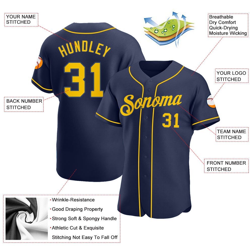Custom Navy Gold-Navy Authentic Baseball Jersey view 3