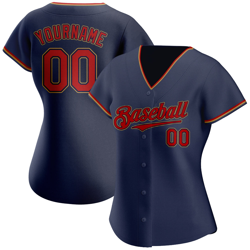 Custom Navy Red-Old Gold Authentic Baseball Jersey view 2