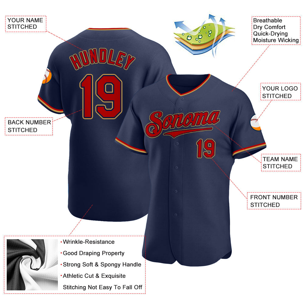 Custom Navy Red-Old Gold Authentic Baseball Jersey view 3
