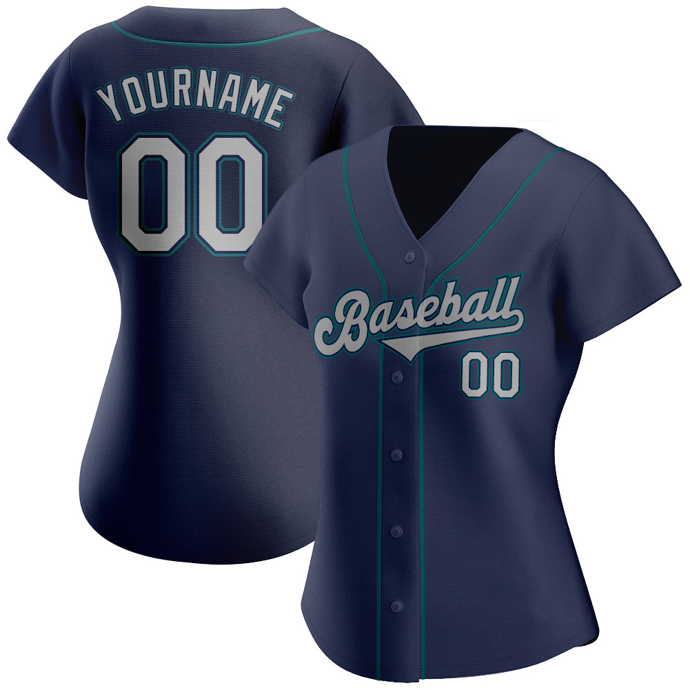 Custom Navy Gray-Teal Authentic Baseball Jersey view 2