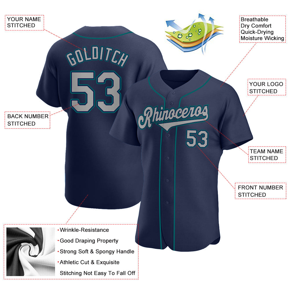 Custom Navy Gray-Teal Authentic Baseball Jersey view 3