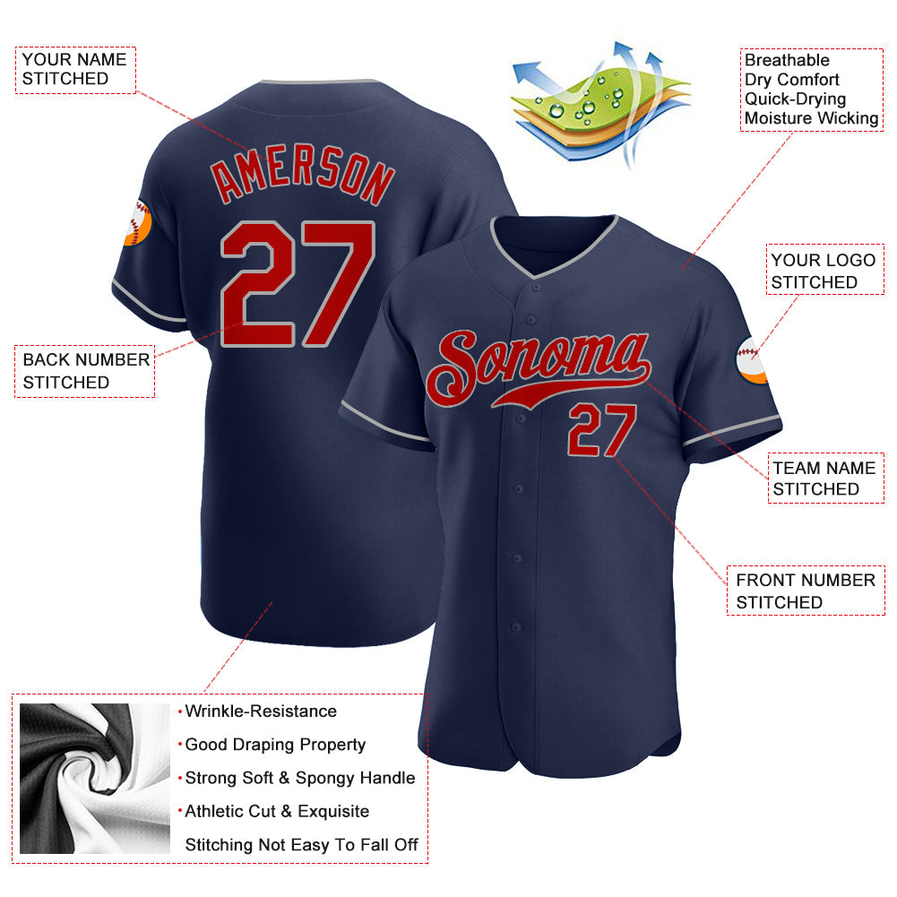 Custom Navy Red-Gray Authentic Baseball Jersey view 3