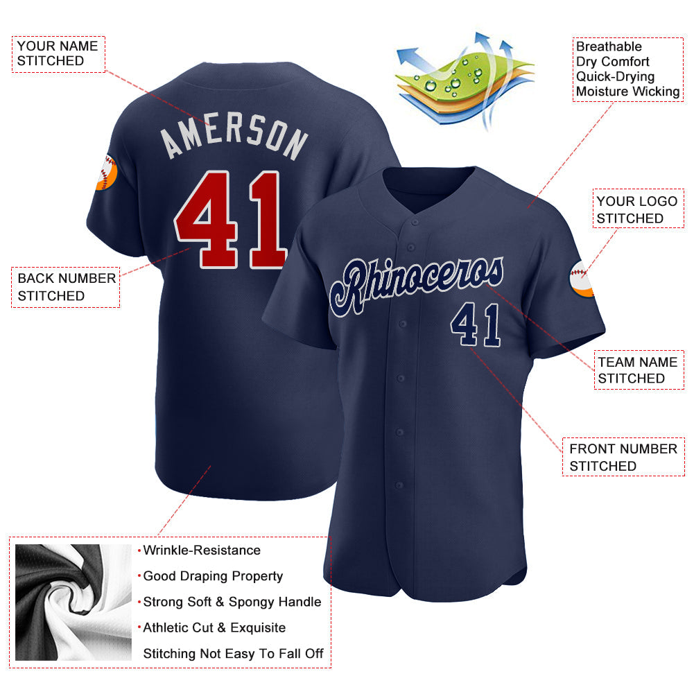 Custom Navy Red-White Authentic Baseball Jersey view 3