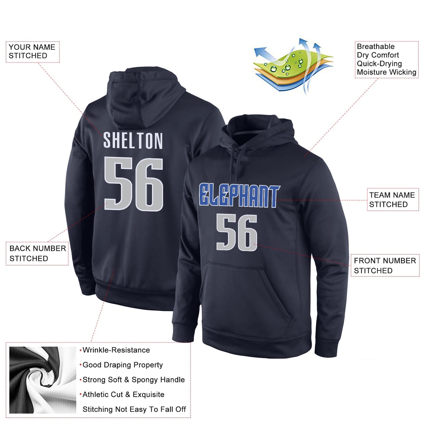 Custom Stitched Navy Gray-Blue Sports Pullover Sweatshirt Hoodie view 4