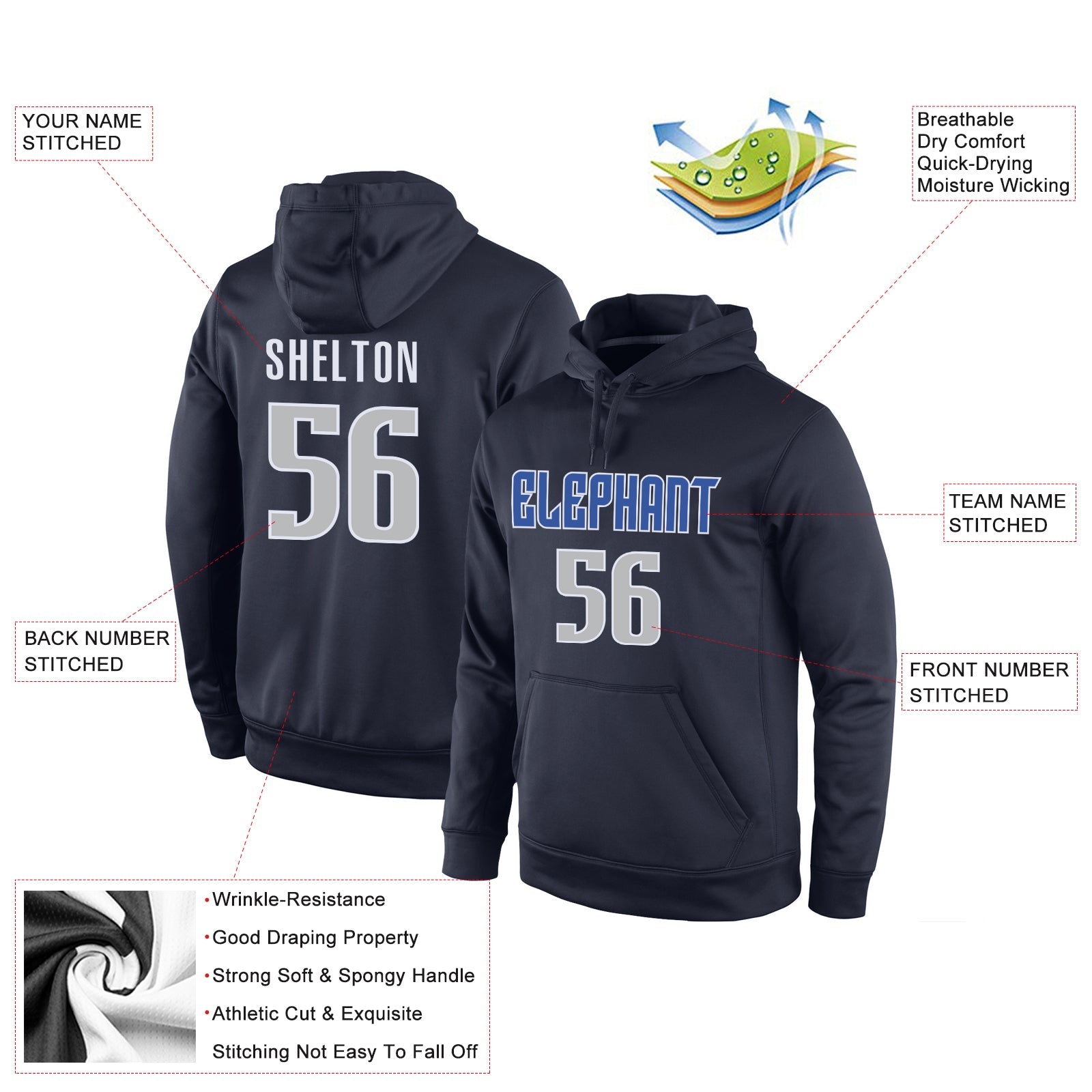 Custom Stitched Navy Gray-Blue Sports Pullover Sweatshirt Hoodie view 4