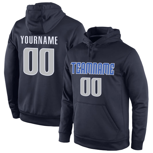 Custom Stitched Navy Gray-Blue Sports Pullover Sweatshirt Hoodie - Main View