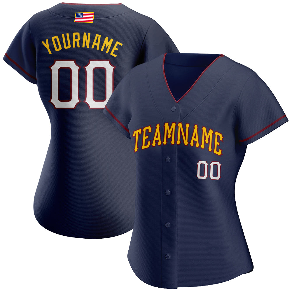 Custom Navy White-Gold Authentic American Flag Fashion Baseball Jersey view 2