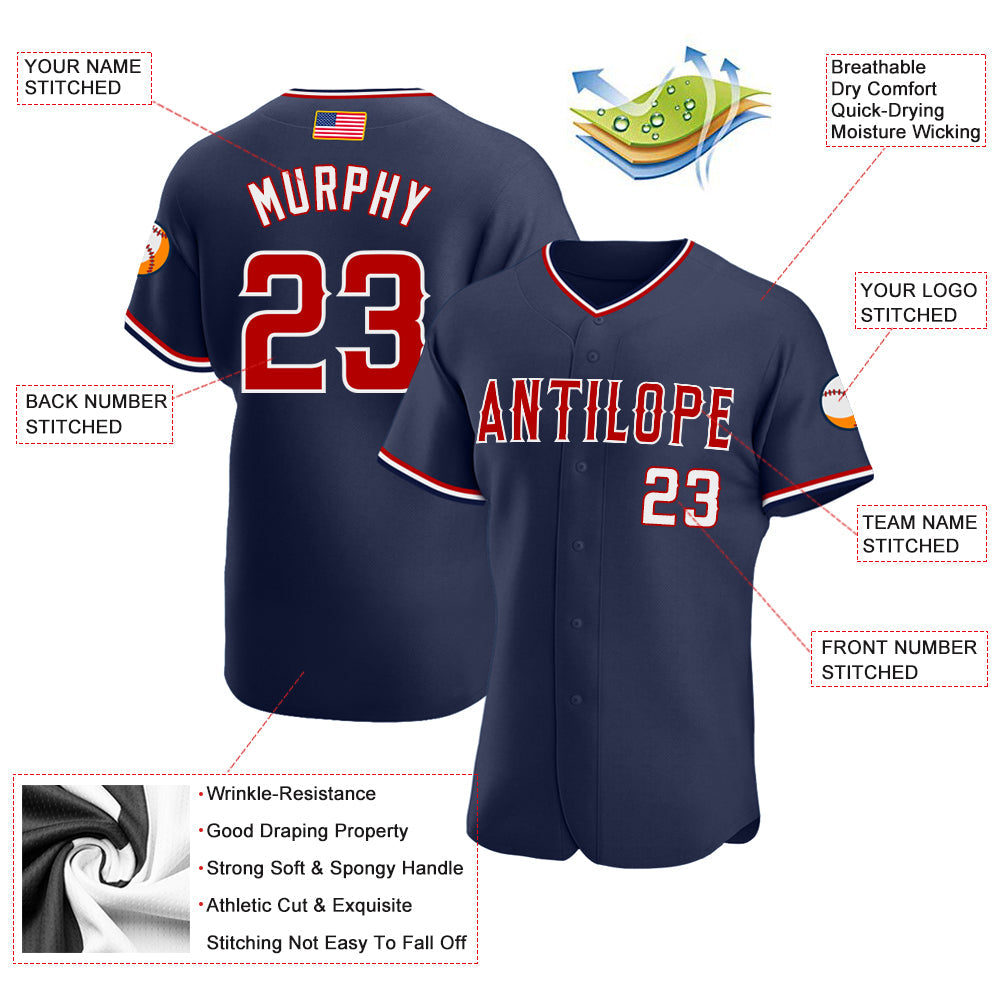 Custom Navy Red-White Authentic American Flag Fashion Baseball Jersey view 3