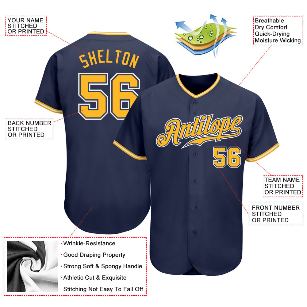 Custom Navy Gold-White Authentic Baseball Jersey view 3