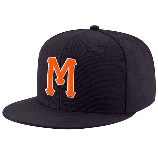 Custom Navy Orange-White Stitched Adjustable Snapback Hat - Main View
