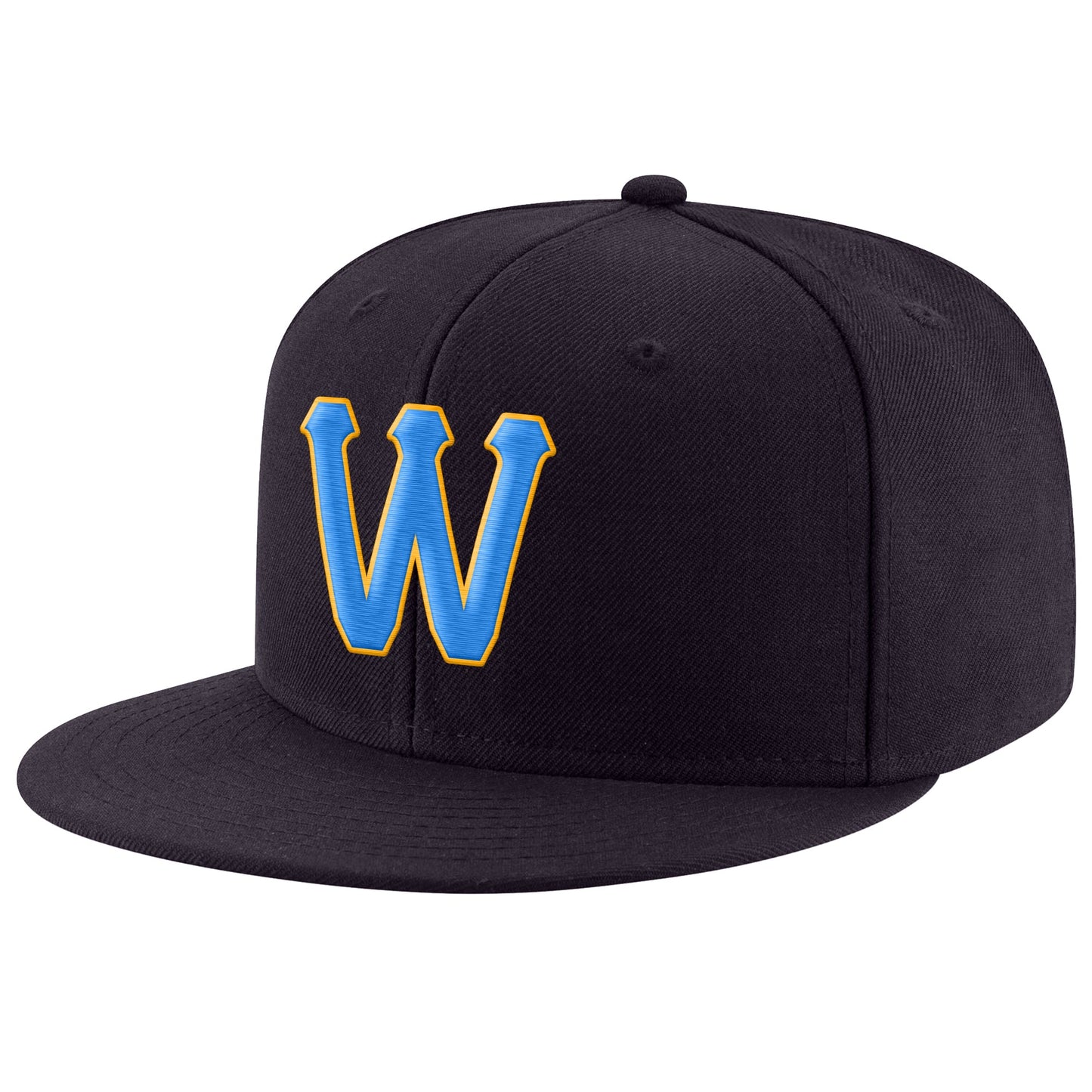 Custom Navy Powder Blue-Gold Stitched Adjustable Snapback Hat - Main View