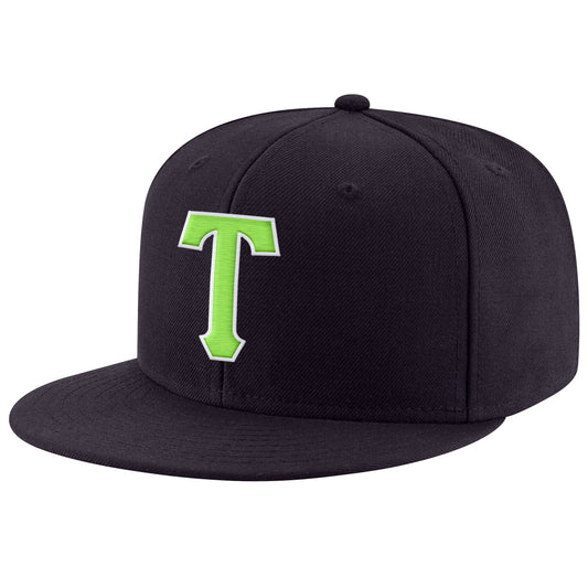 Custom Navy Neon Green-White Stitched Adjustable Snapback Hat - Main View
