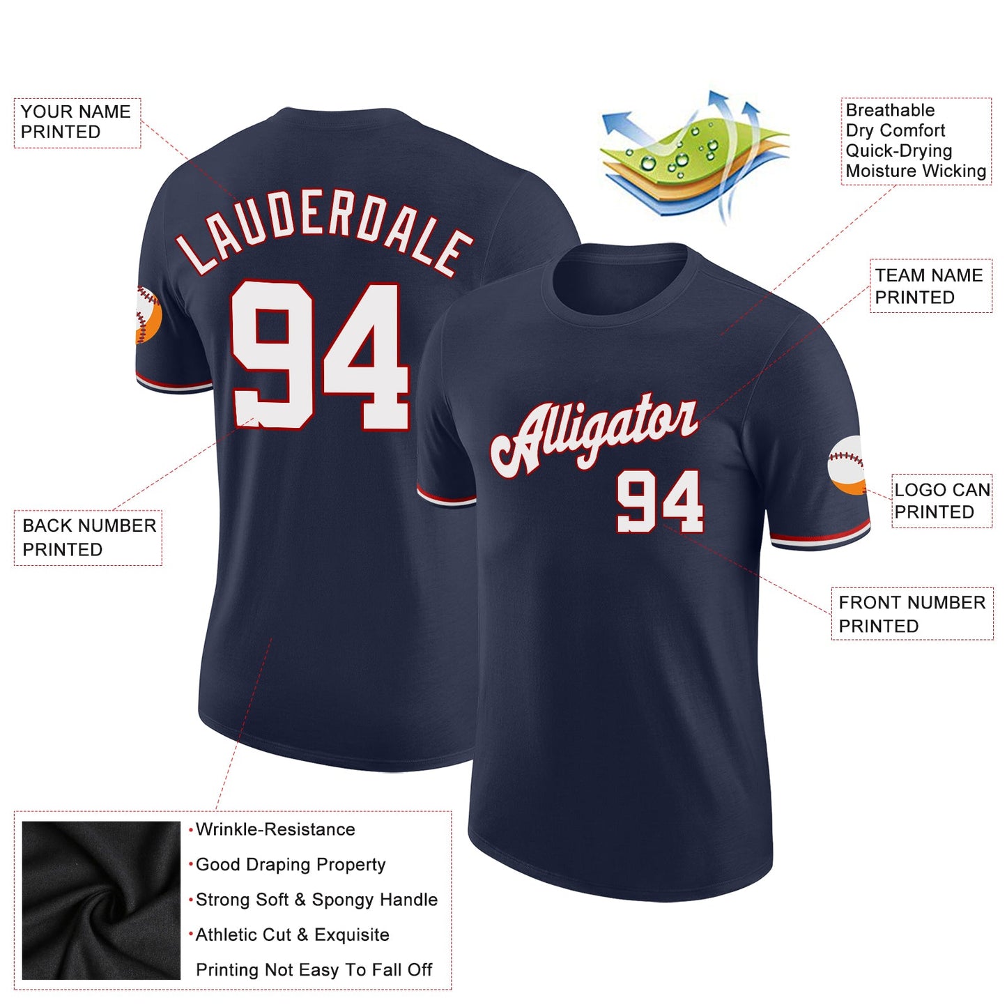 Custom Navy White-Red Performance T-Shirt view 2