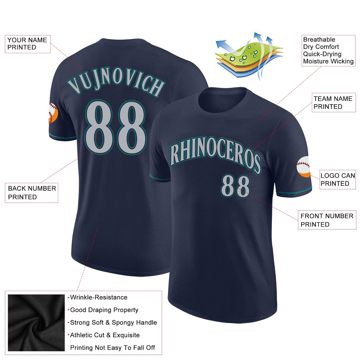 Custom Navy Gray-Aqua Performance T-Shirt view 2