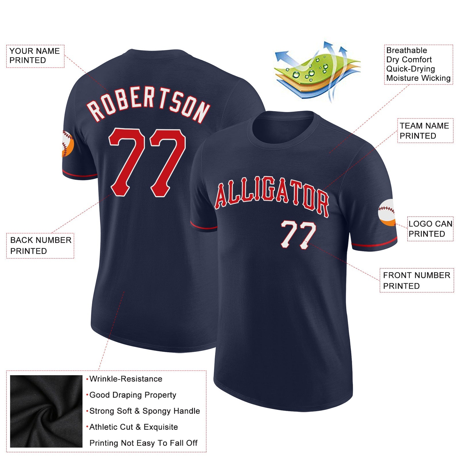 Custom Navy Red-White Performance T-Shirt view 2