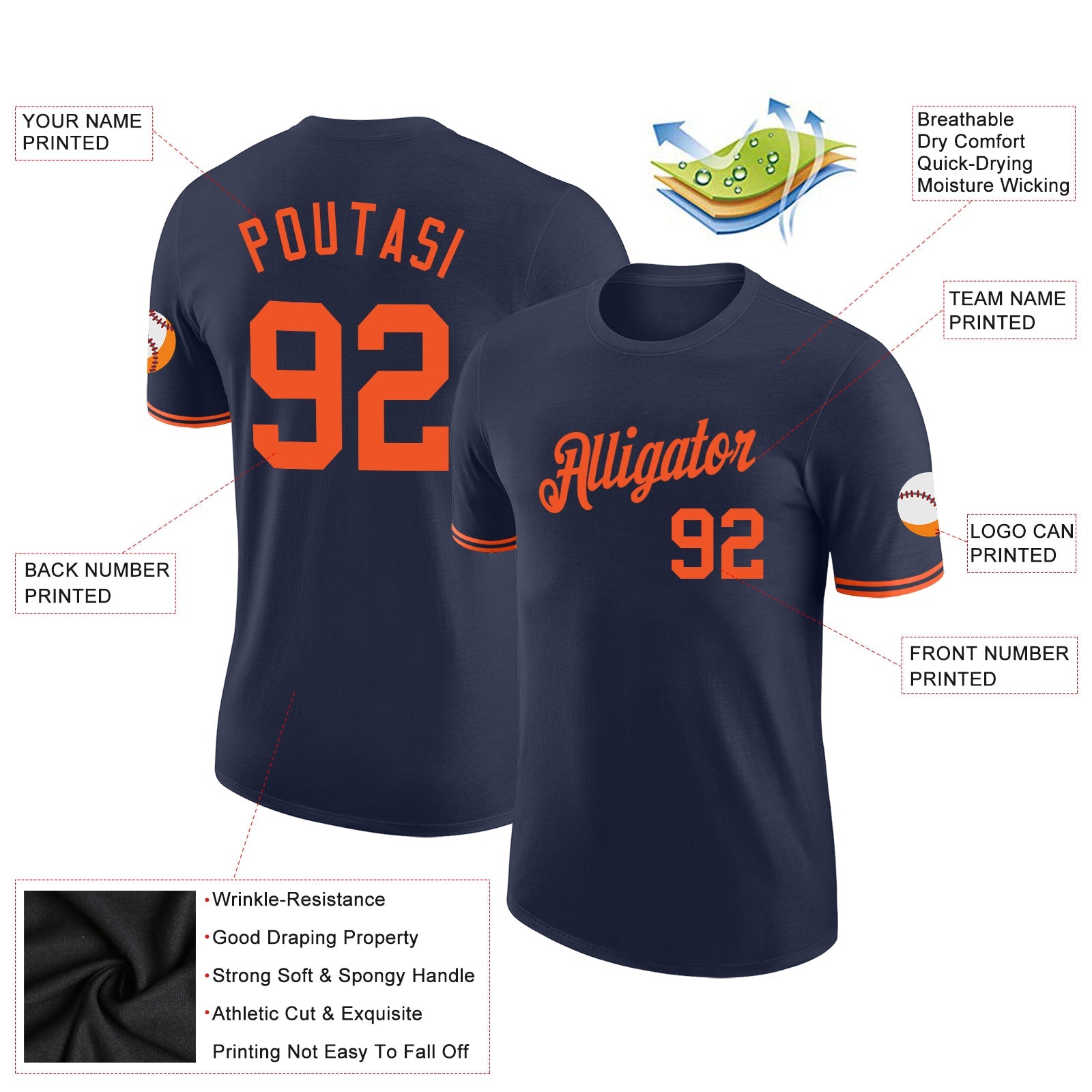 Custom Navy Orange Performance T-Shirt view 2