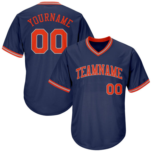 Custom Navy Orange-Gray Authentic Throwback Rib-Knit Baseball Jersey Shirt - Main View