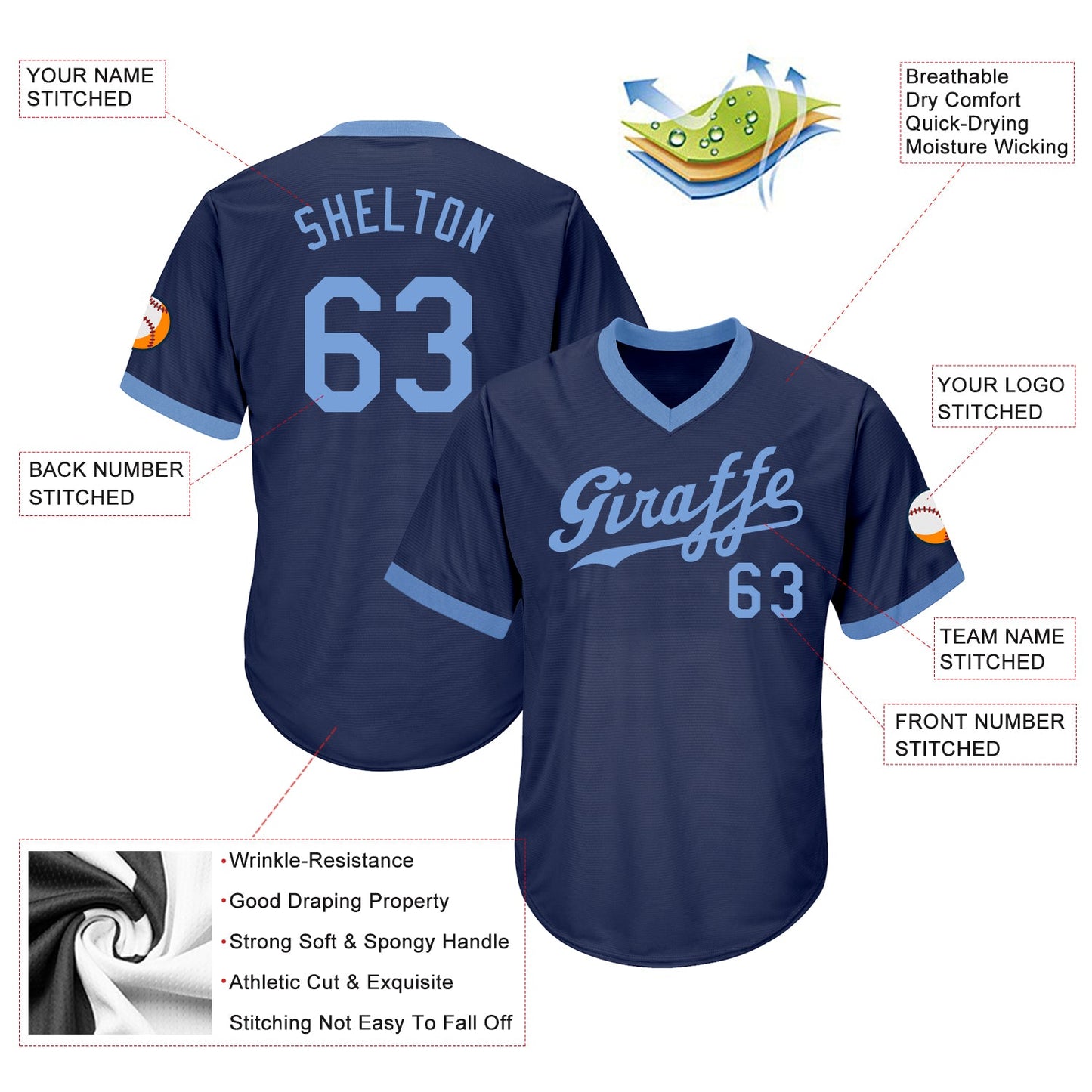 Custom Navy Light Blue Authentic Throwback Rib-Knit Baseball Jersey Shirt view 4