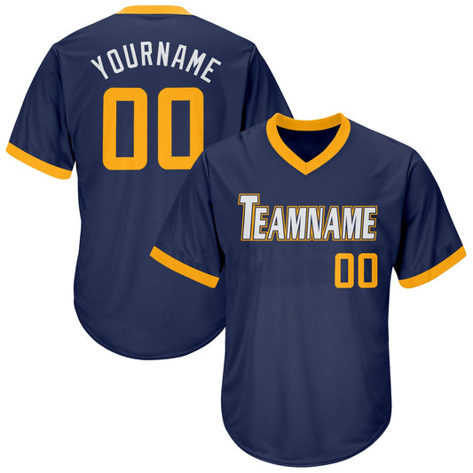 Custom Navy Gold-White Authentic Throwback Rib-Knit Baseball Jersey Shirt - Main View