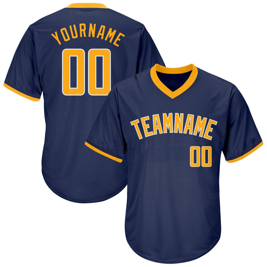 Custom Navy Gold-White Authentic Throwback Rib-Knit Baseball Jersey Shirt - Main View