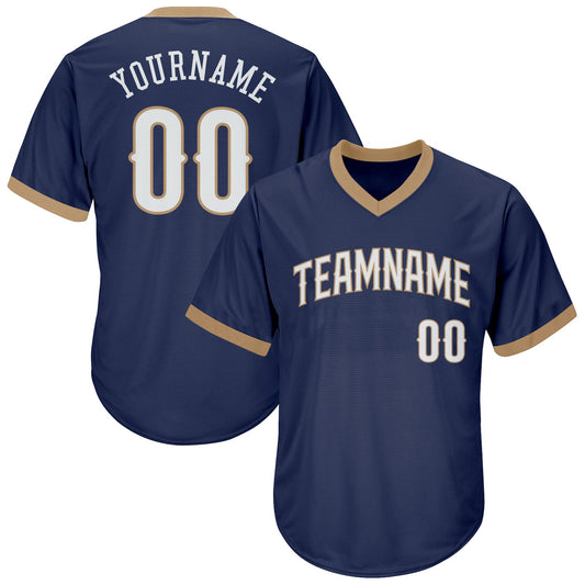 Custom Navy White-Old Gold Authentic Throwback Rib-Knit Baseball Jersey Shirt - Main View