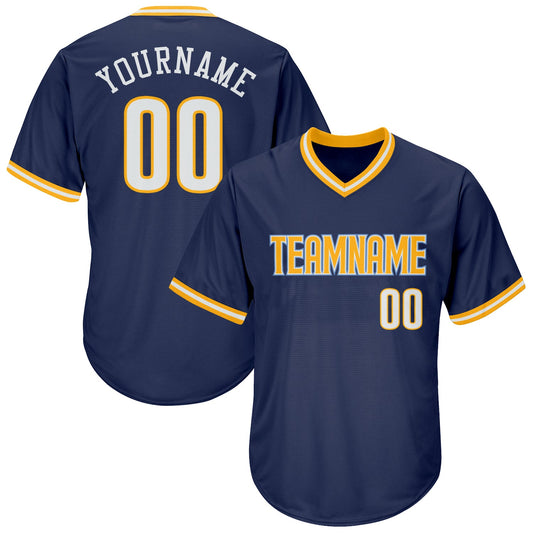 Custom Navy White-Gold Authentic Throwback Rib-Knit Baseball Jersey Shirt - Main View