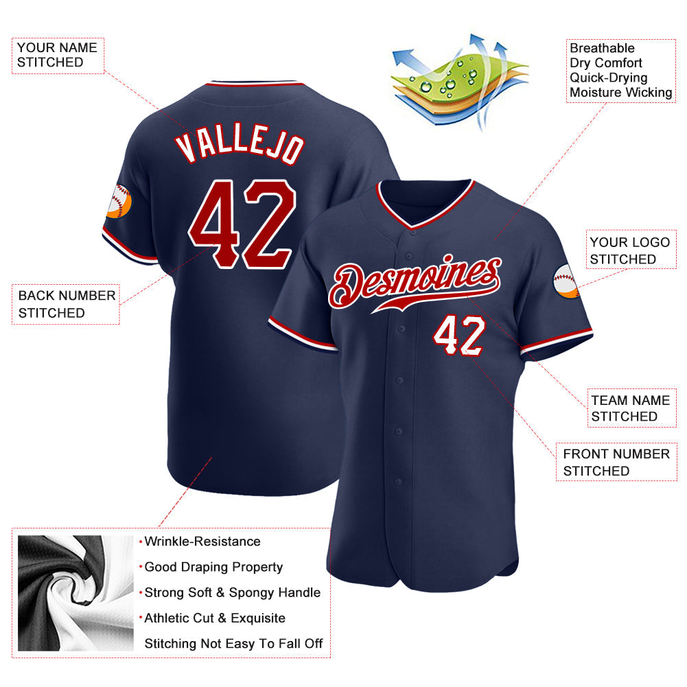 Custom Navy Red-White Authentic Baseball Jersey view 3