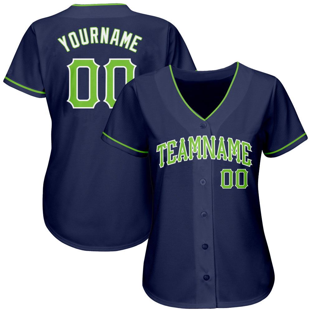 Custom Navy Neon Green-White Authentic Baseball Jersey view 2
