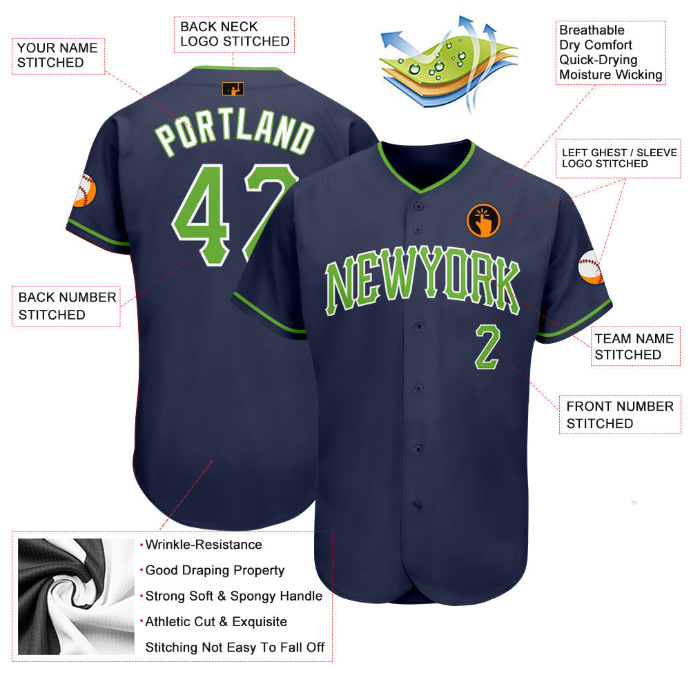 Custom Navy Neon Green-White Authentic Baseball Jersey view 3