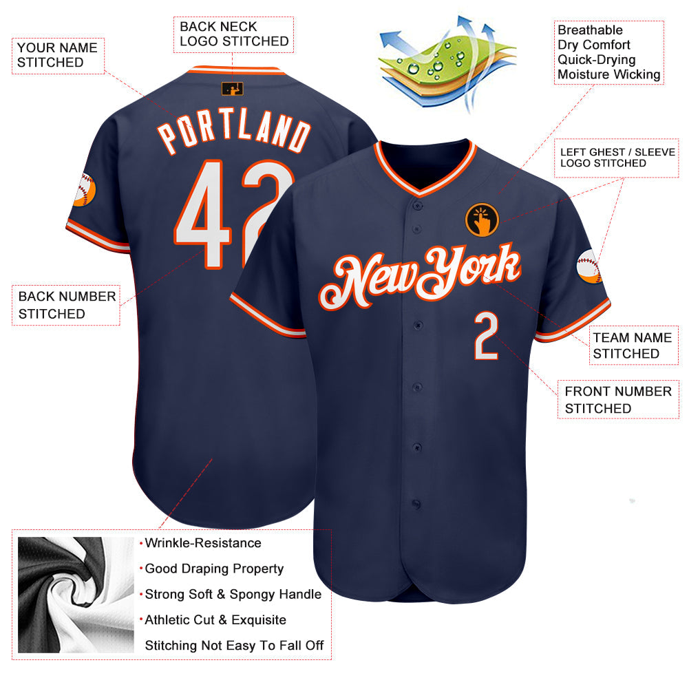 Custom Navy White-Orange Authentic Baseball Jersey view 3