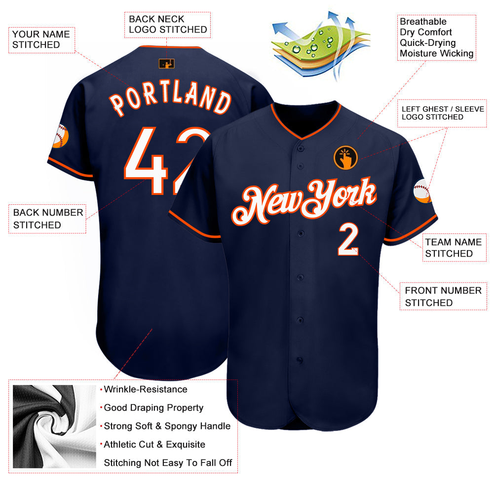 Custom Navy White-Orange Authentic Baseball Jersey view 3