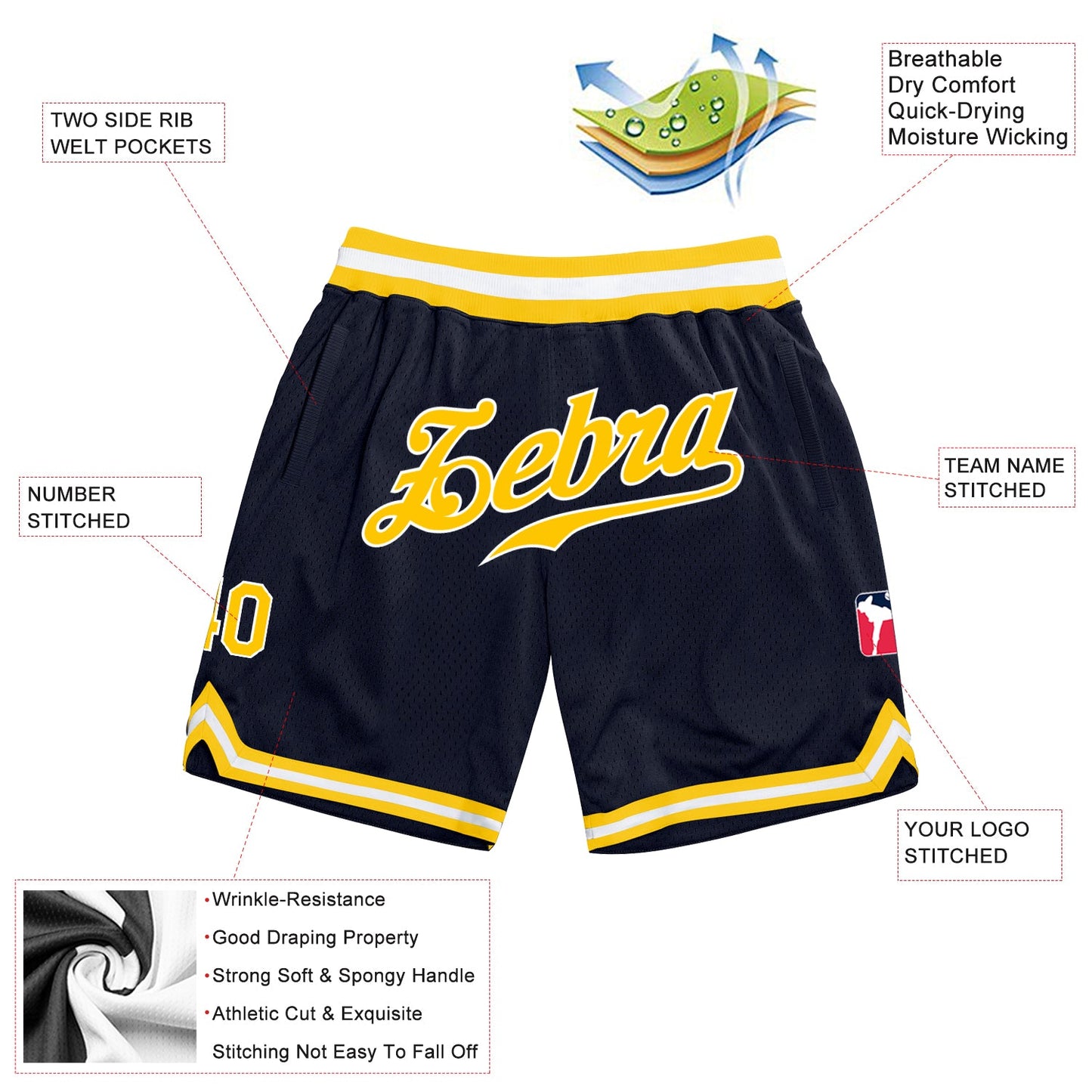 Custom Navy Gold-White Authentic Throwback Basketball Shorts view 2