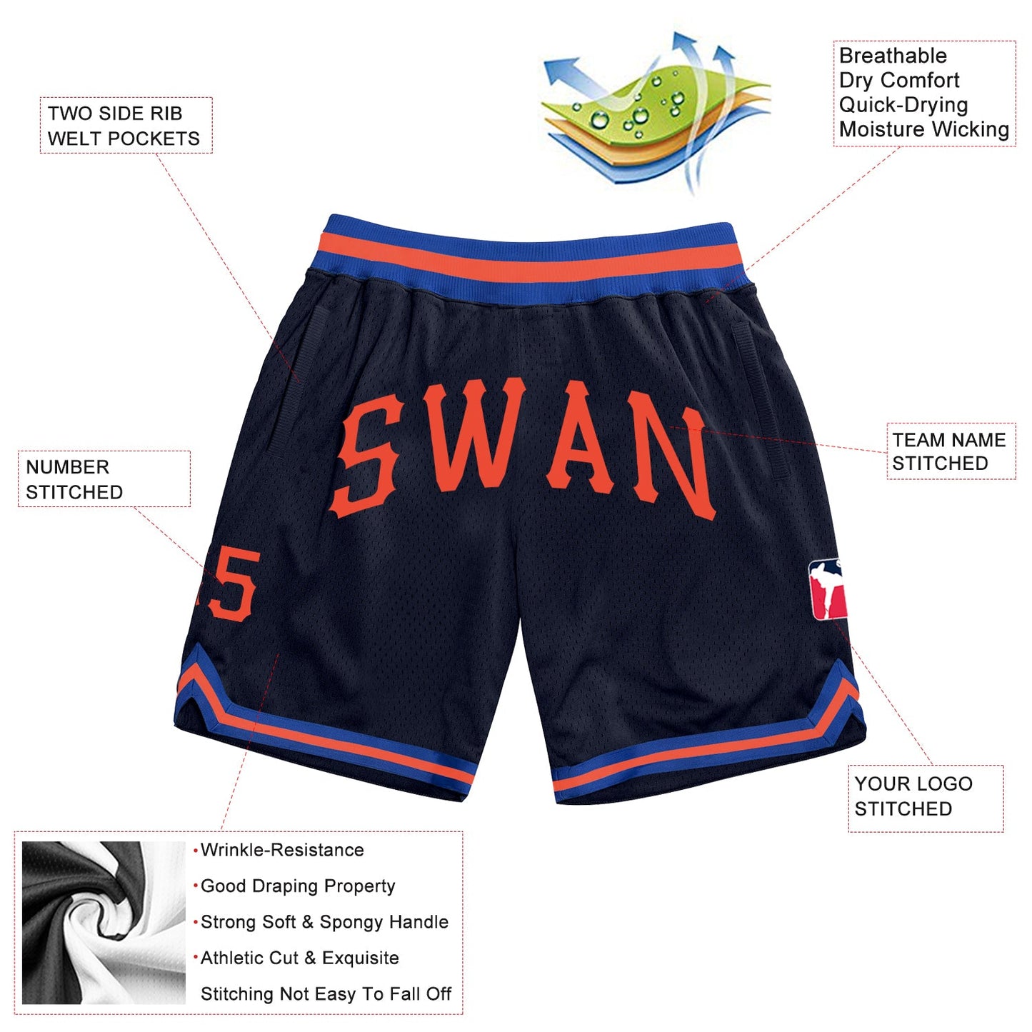 Custom Navy Orange-Royal Authentic Throwback Basketball Shorts view 2