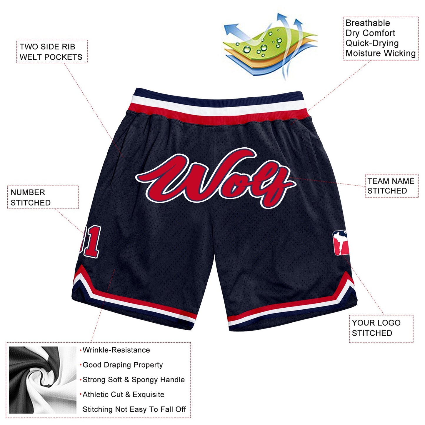 Custom Navy Red-White Authentic Throwback Basketball Shorts view 2